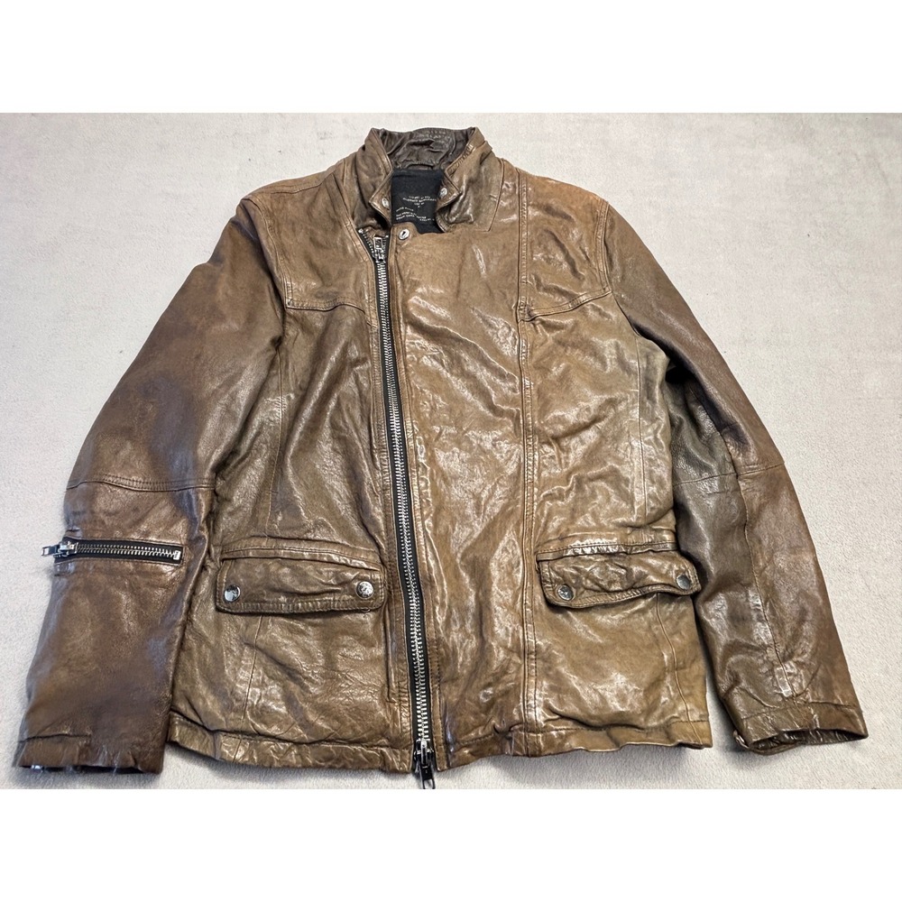 AllSaints Spitalfields Jacks Place Brown Leather Biker Jacket Mens Size Medium
